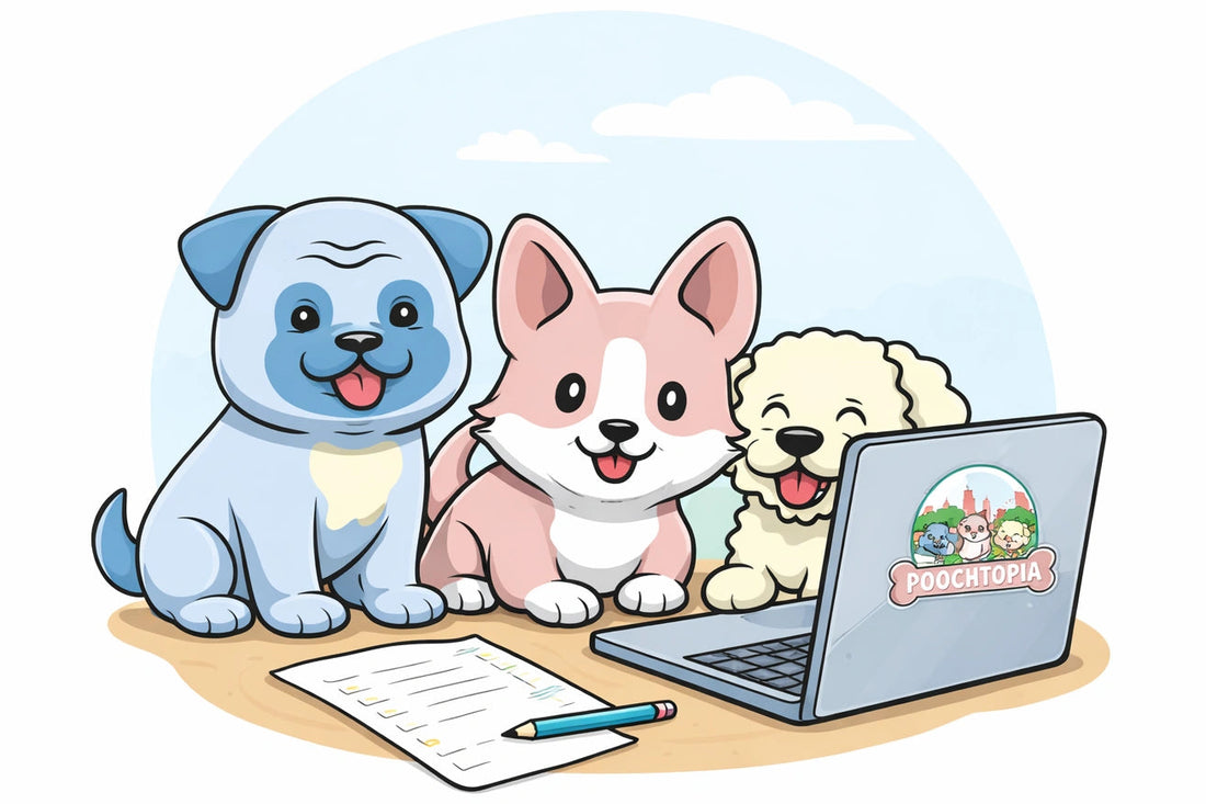 Three dogs in brisbane front of a laptop with a 'Poochtopia' logo.