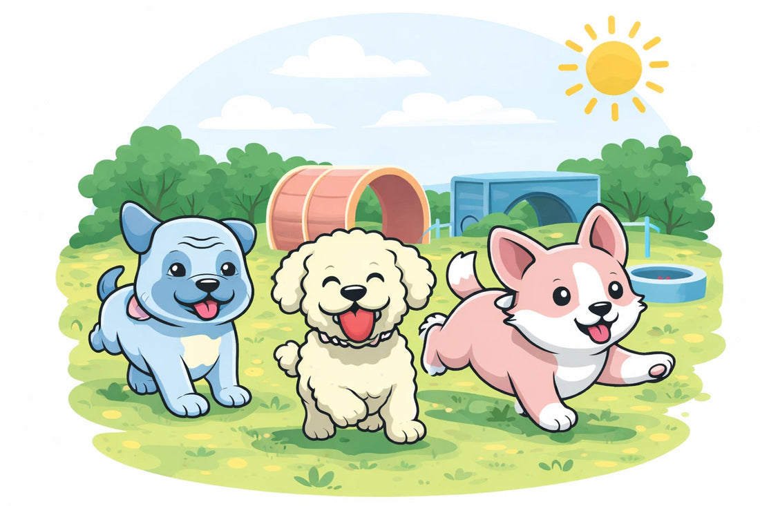 Three dogs running together with a playground in the background at Poochtopia Daycare Adventure Park in Brisbane